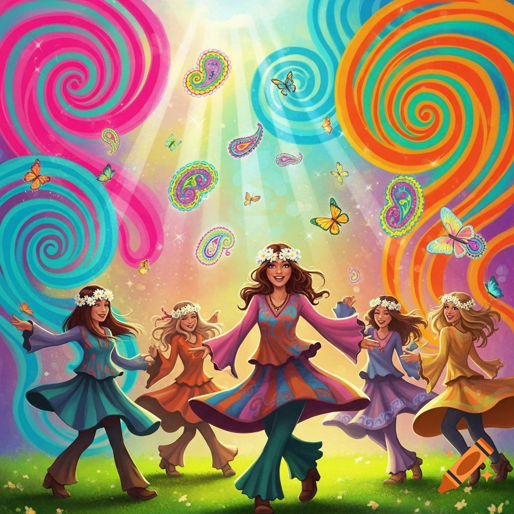 Five smiling hippie women in colorful dresses dance on grass, surrounded by swirling psychedelic patterns, butterflies, and paisley designs.