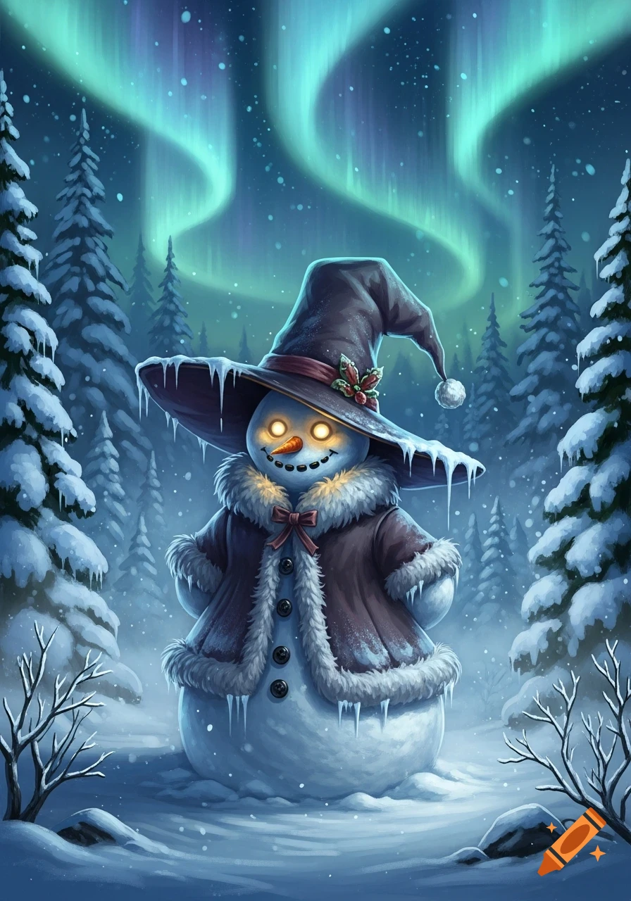 A fantasy snowman in a witch's hat and fur coat with glowing eyes, in a snowy forest under a green aurora.