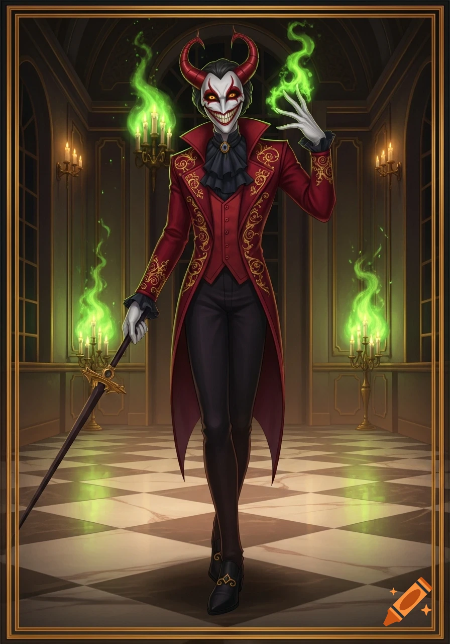 A demonic jester with red horns, a wide grin, and green flames, dressed in an ornate red and gold coat, holding a sword in a grand hall.