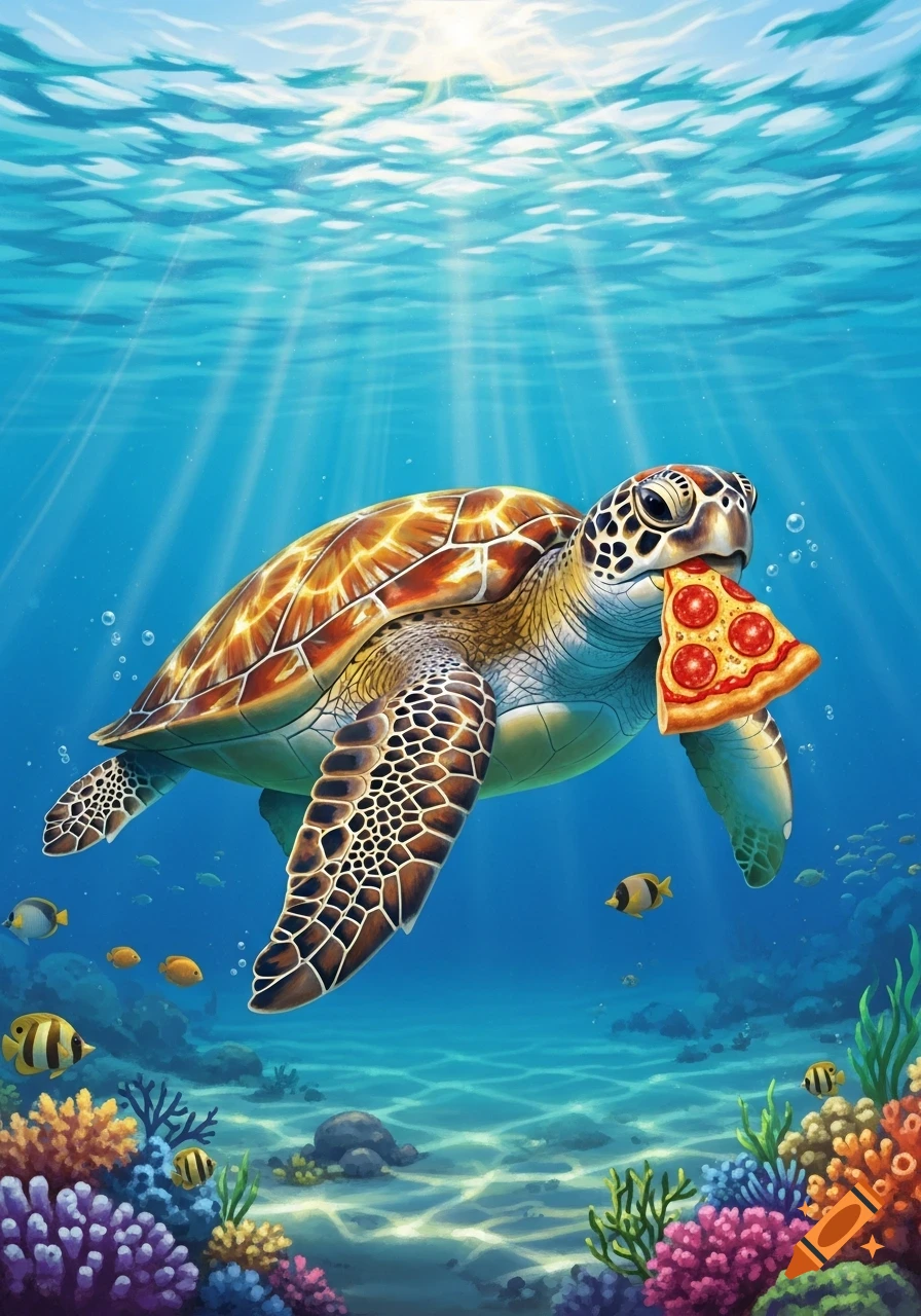 A vibrant illustration of a sea turtle swimming underwater, holding a slice of pepperoni pizza in its mouth, surrounded by colorful coral and fish.