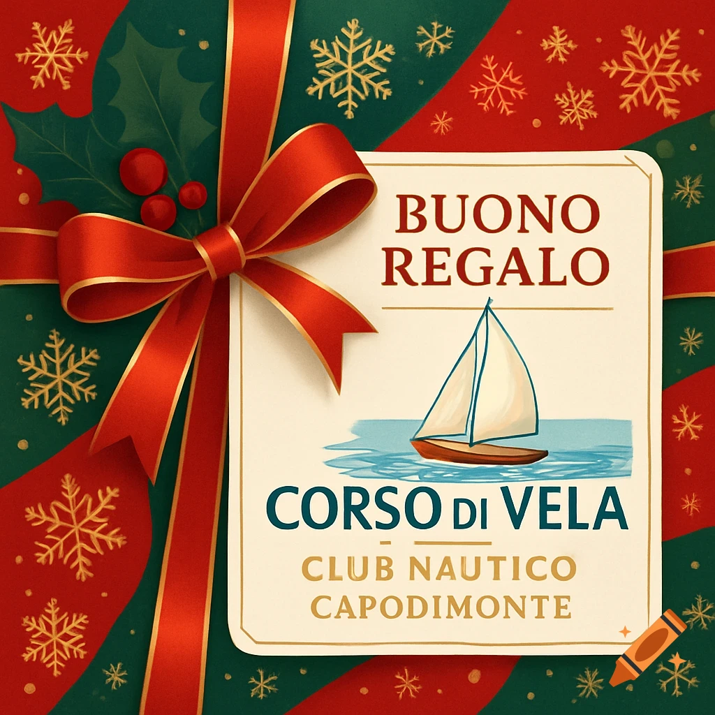 A festive Christmas gift card with red and green wrapping paper, golden snowflakes, a red bow, and a voucher for a sailing course with a sailboat illustration.