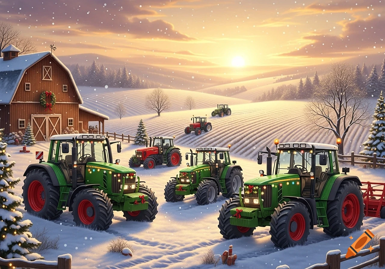 Multiple green and red tractors with Christmas lights on a snowy farm landscape with a barn and hills at sunset.