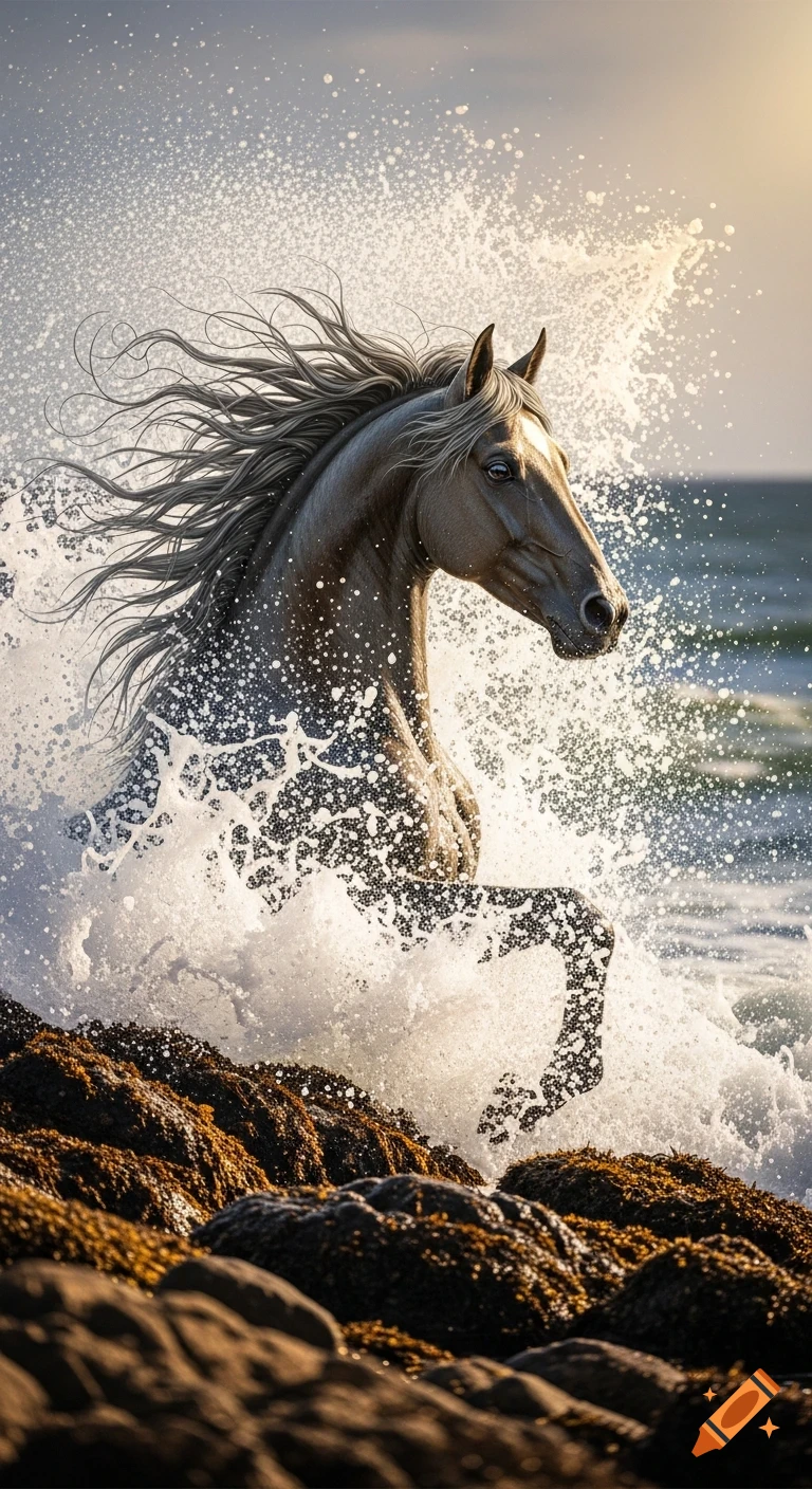 A majestic horse-like creature with a flowing mane emerges from crashing waves on a rocky coastline at sunset, water sparkling around it in a photorealistic style.