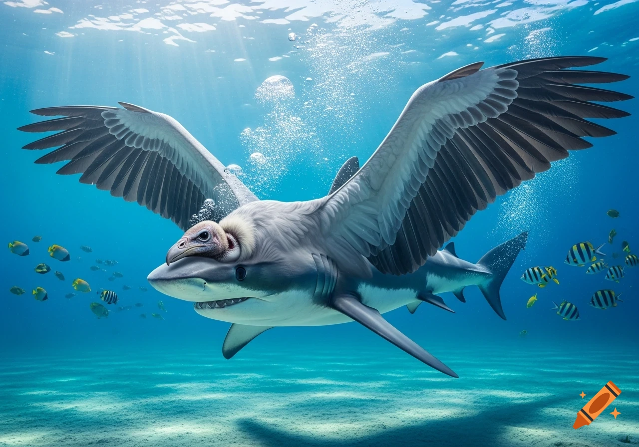 A realistic hybrid creature with a shark body, vulture head, and large wings swims underwater with fish.
