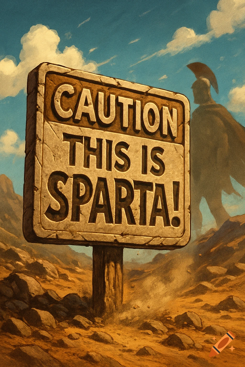 A stone sign reading "CAUTION THIS IS SPARTA!" stands in a dusty desert with a silhouetted Spartan warrior in the background.
