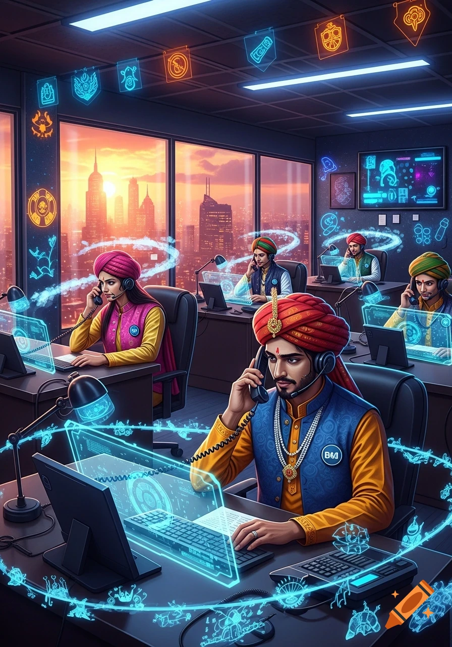 Vibrant digital art of Indian telemarketers working in a futuristic office with holographic interfaces and a city sunset view.