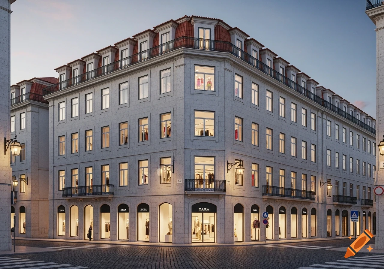 A photorealistic image of a large European classical corner building with ZARA storefronts at dusk, on a cobblestone street.