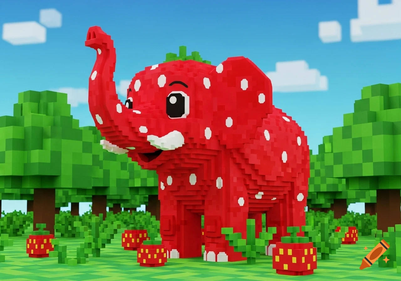 A red, white-spotted strawberry elephant with its trunk raised, standing in a blocky video game-style landscape with green trees and strawberry plants.