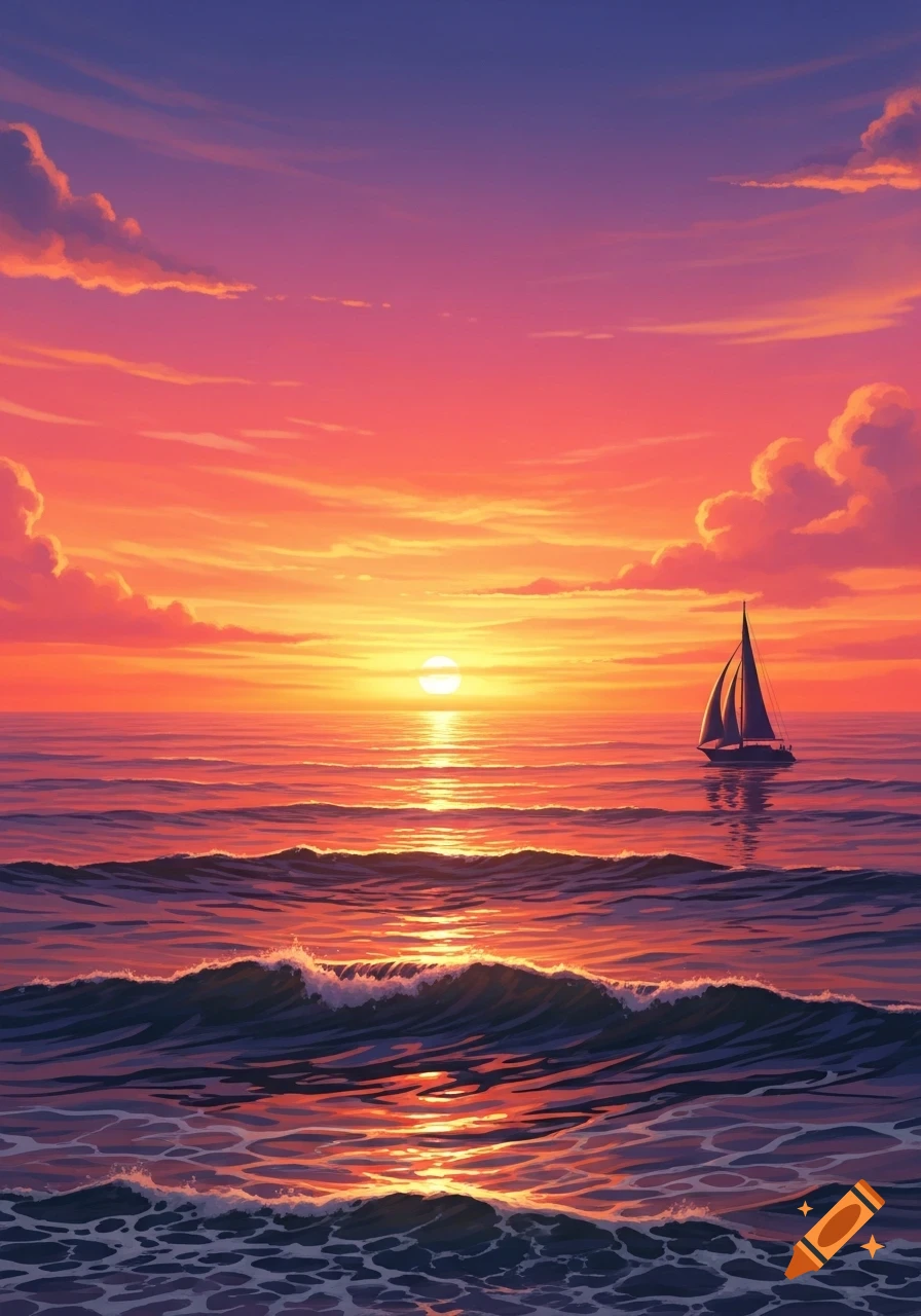 A vibrant sunset over an ocean with a sailboat on the horizon, stylized with warm colors.