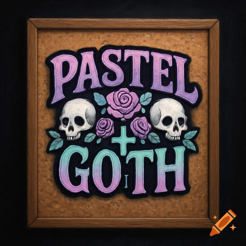 A framed illustration on a cork board featuring the words PASTEL and GOTH, adorned with two skulls and purple roses, against a black background.