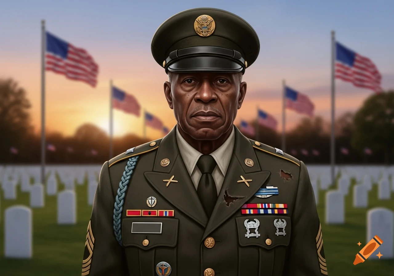 An older Black army staff sergeant in a tattered green uniform stands in a military cemetery with American flags at sunset.