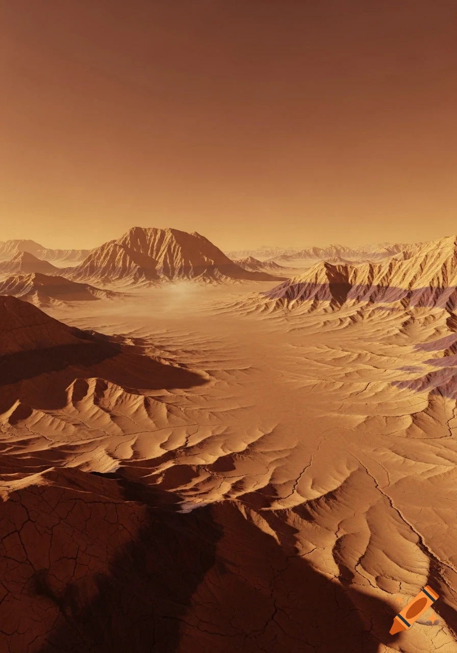 Vast reddish-orange Martian landscape with towering craggy mountains and dry, cracked terrain under a clear sky.