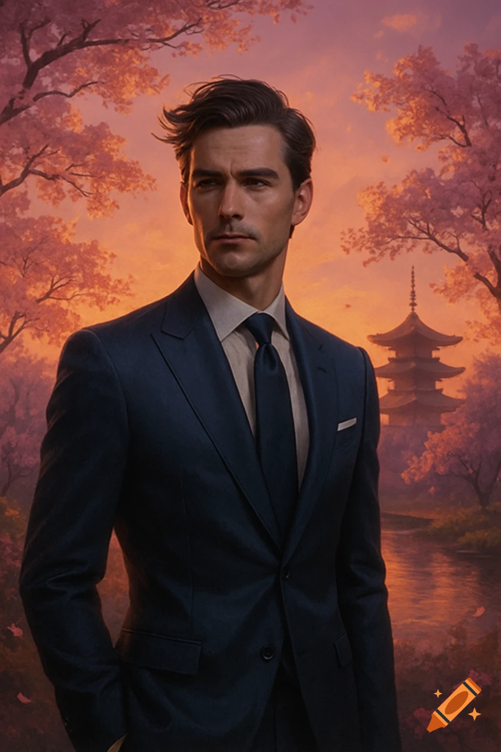 A distinguished man in a dark suit stands in an elegant oriental landscape with cherry blossom trees and a pagoda at sunset.