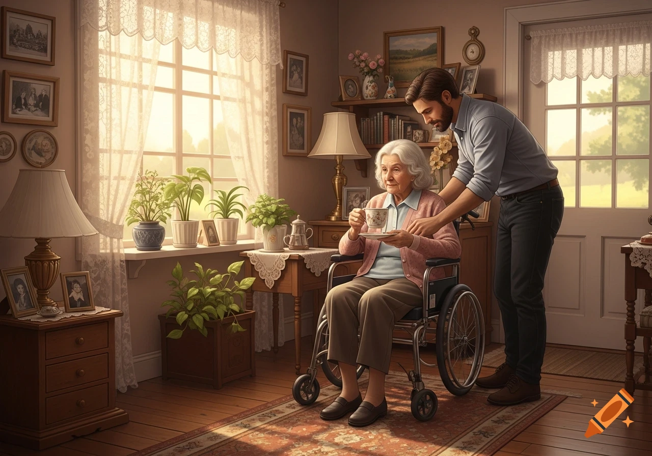 An elderly woman in a wheelchair holds a teacup, assisted by a younger man in a sunlit room filled with plants and framed pictures, depicting a moment of care.