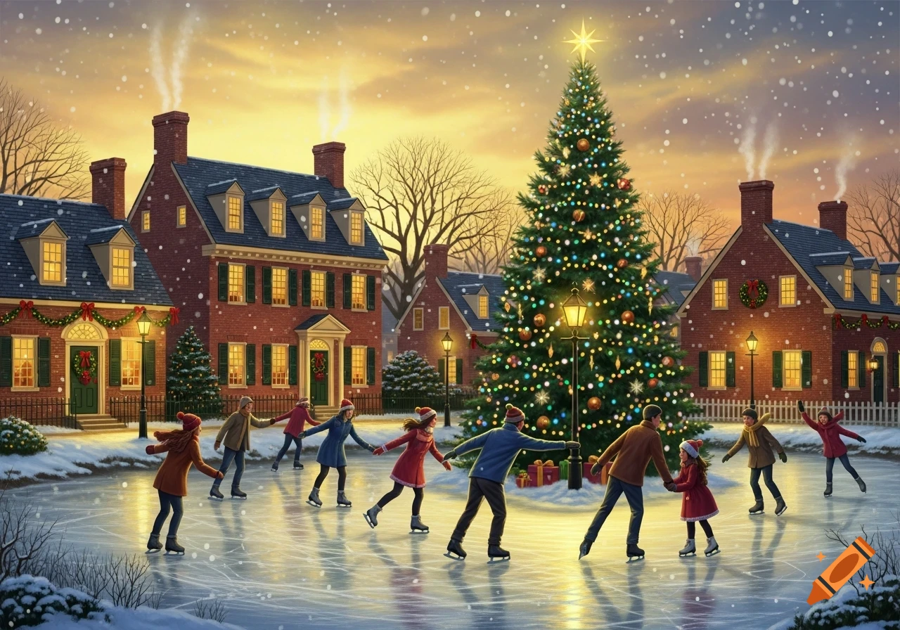 A festive winter scene with people ice skating on a frozen pond in front of decorated houses and a large Christmas tree.