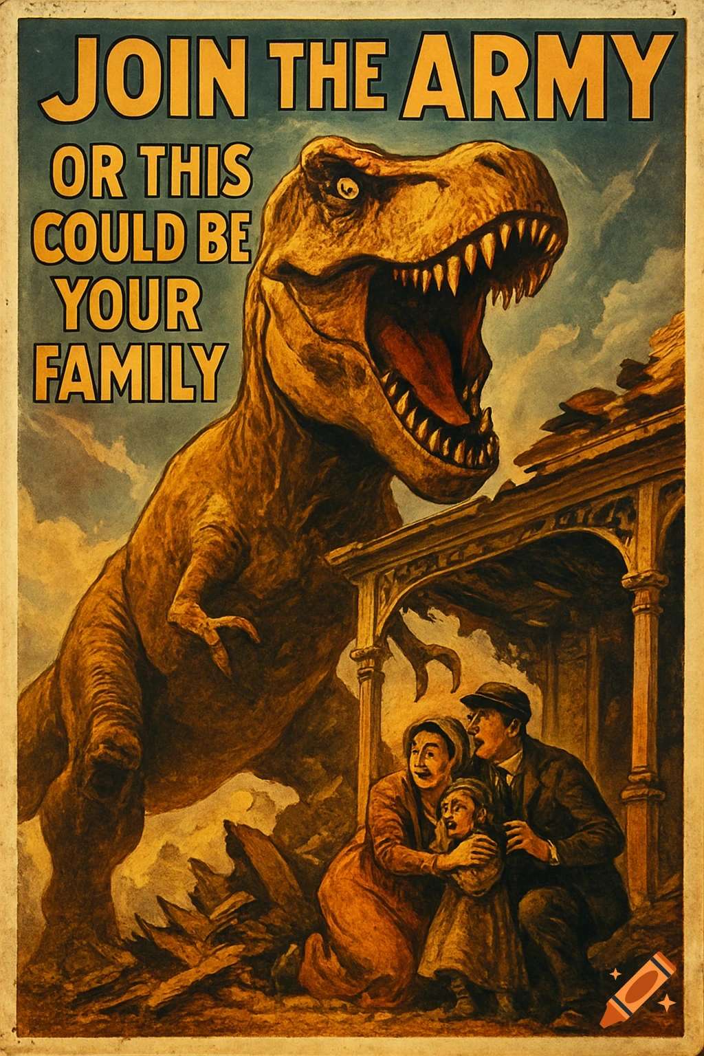 Vintage propaganda poster shows a family huddled in fear from a roaring T-Rex, with text 'JOIN THE ARMY OR THIS COULD BE YOUR FAMILY'.