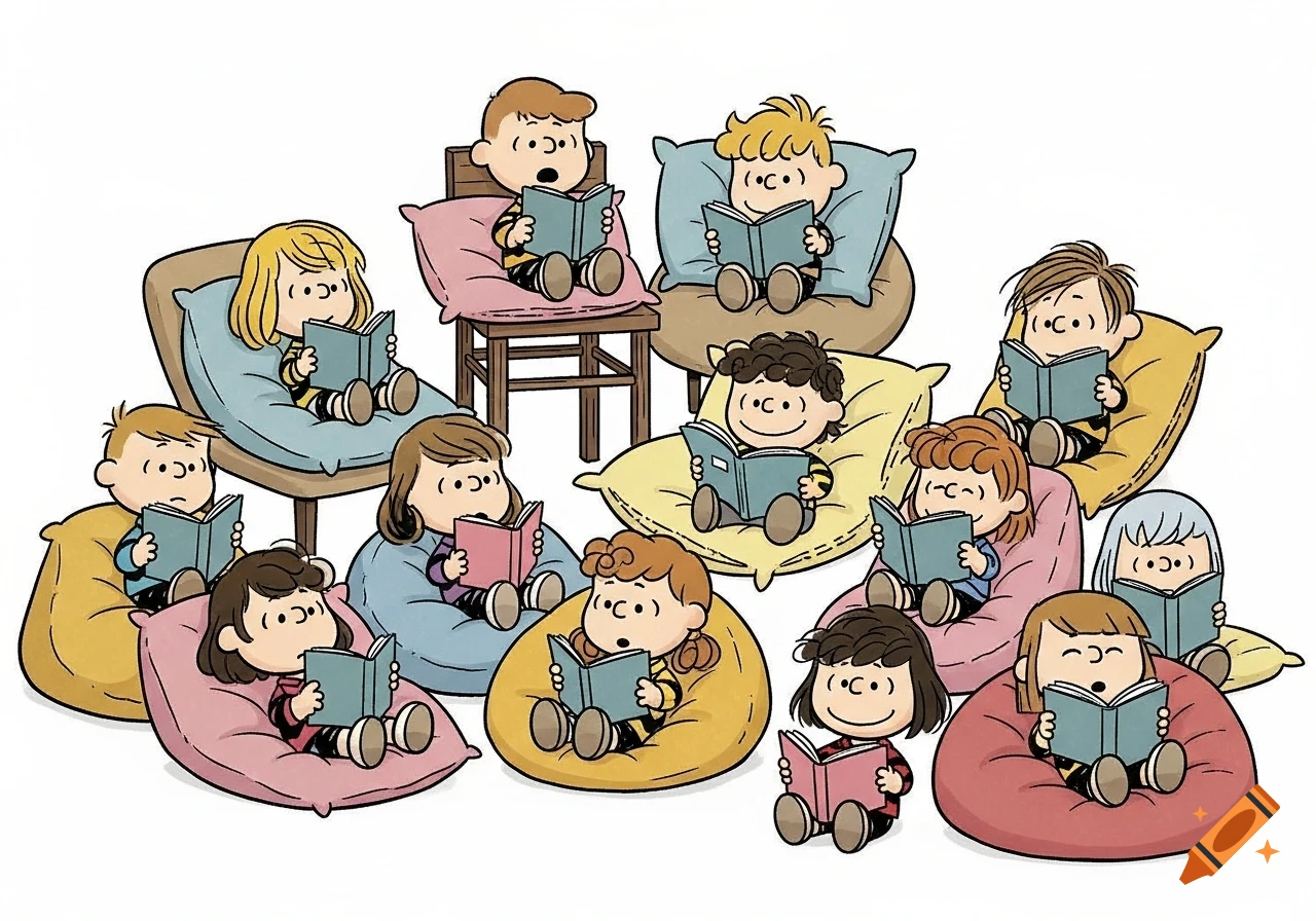 A group of cartoon children in a Peanuts-like style are comfortably sitting on cushions and a chair, reading books.