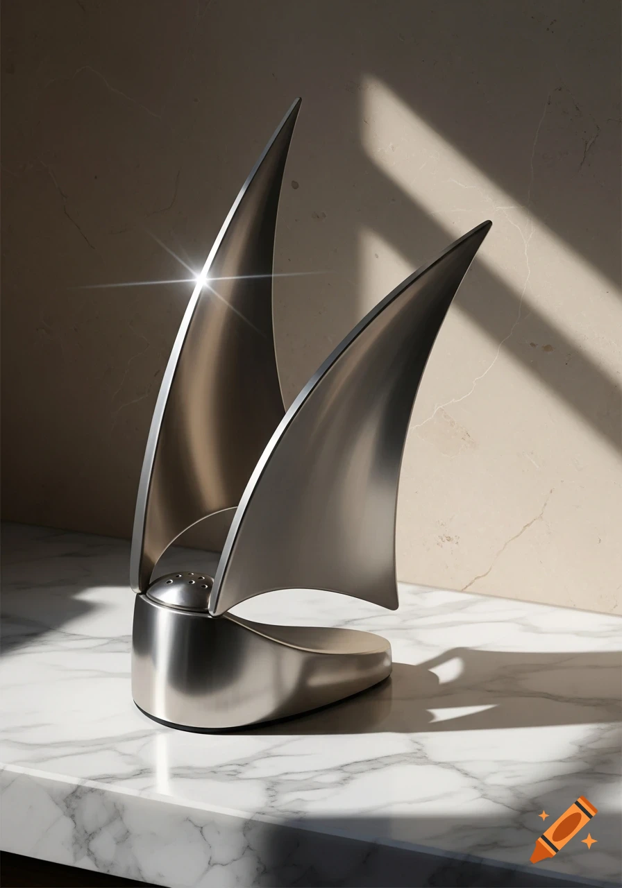 A modern, sculptural brushed silver salt shaker with two upward-curving 'sails' on a white marble counter, lit by sunlight.