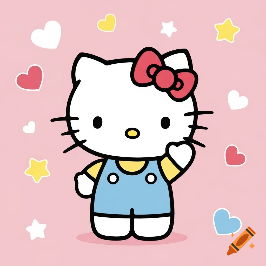 Hello Kitty in blue overalls and a red bow waving, against a pink background with hearts and stars.