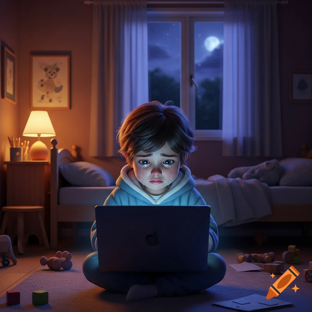 A young child with tears streaming down their face sits on the floor in a dim bedroom, looking at a laptop screen. A full moon is visible through the window.