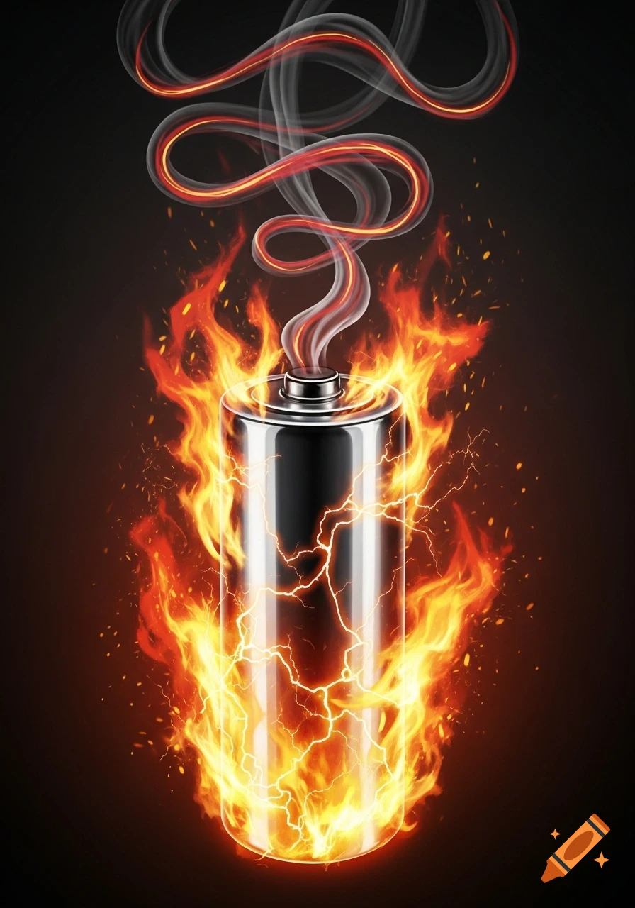 A metallic lithium battery engulfed in bright orange and yellow flames, with electric sparks and smoky trails rising above it, against a dark background.