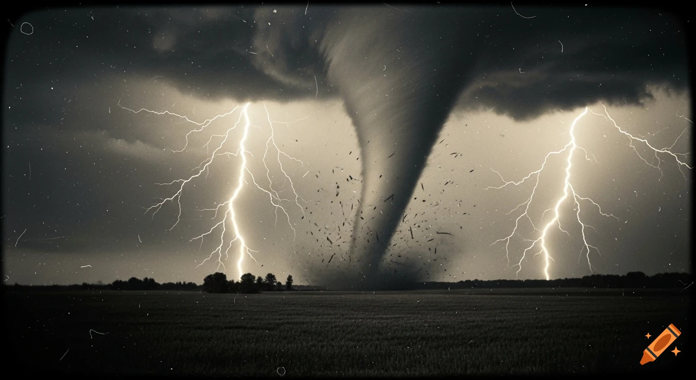A black and white, grainy image of a massive tornado ripping through a field under a dark, stormy sky with two huge lightning bolts.