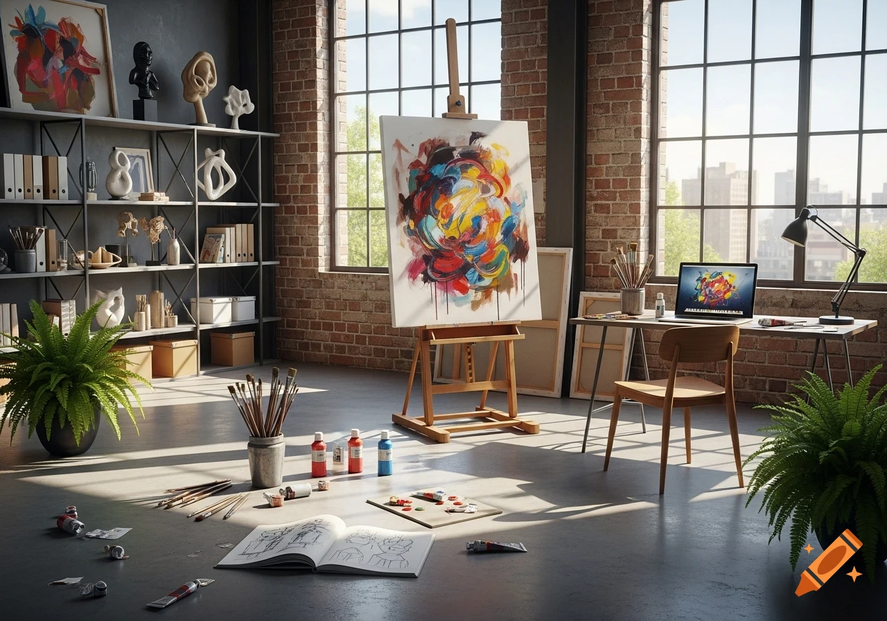 A modern artist's studio with an easel holding an abstract painting, art supplies on the floor, shelves with sculptures, and large windows overlooking a city.