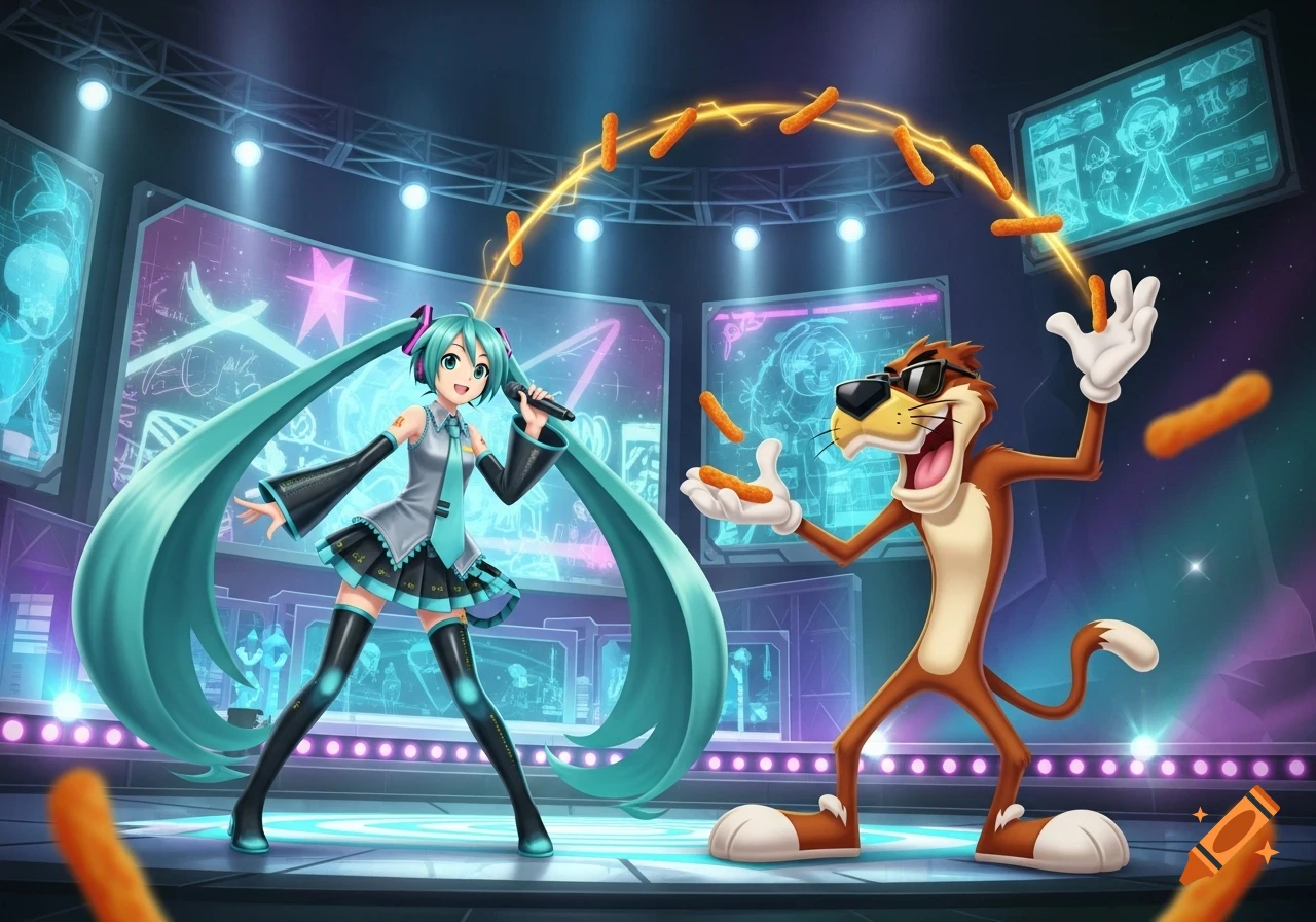 Hatsune Miku with a microphone and Chester Cheetah juggling Cheetos on a vibrant stage with glowing screens.