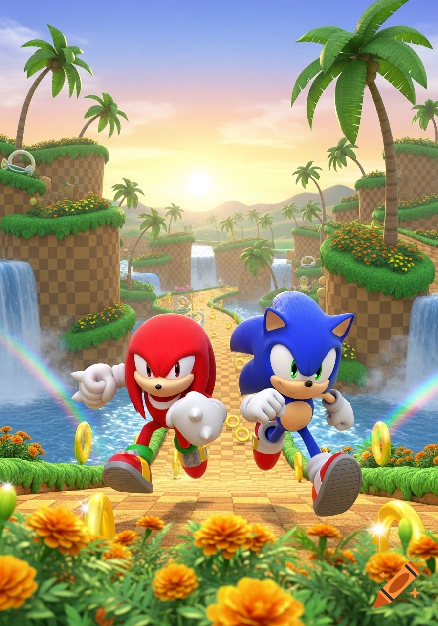 Knuckles and Sonic run through a vibrant Green Hill Zone landscape with waterfalls, palm trees, and golden rings at sunrise.