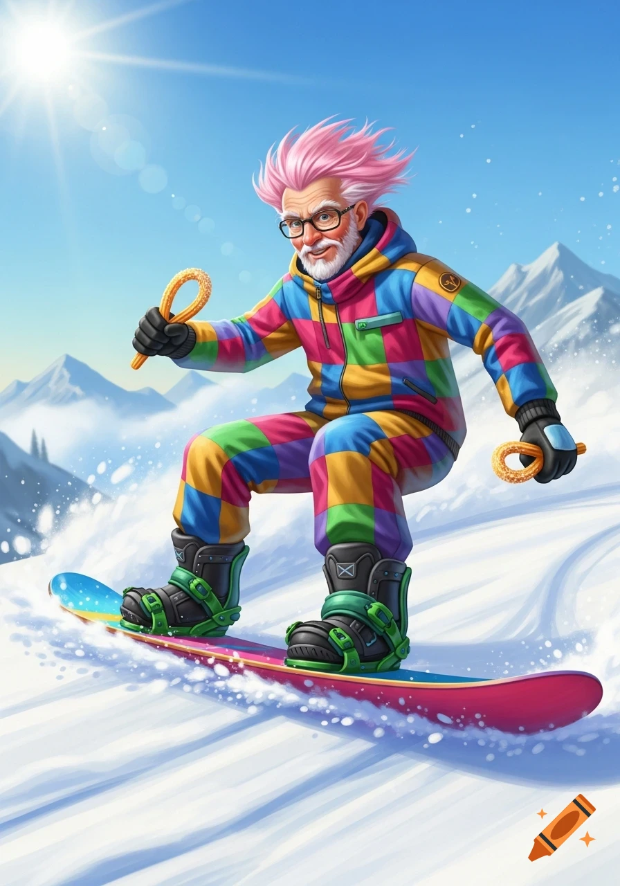 Vibrant illustration of a pink-haired grandpa snowboarding down a snowy mountain, holding churros in both hands.