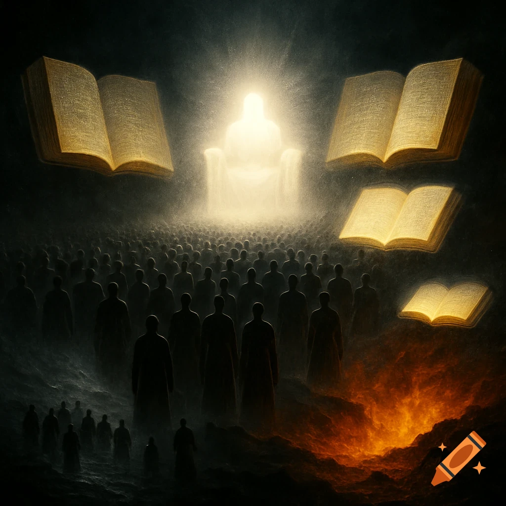 A solemn, cinematic depiction of the Great White Throne Judgment with a glowing figure on a throne, a multitude of silhouetted souls, floating golden books, and a fiery abyss.