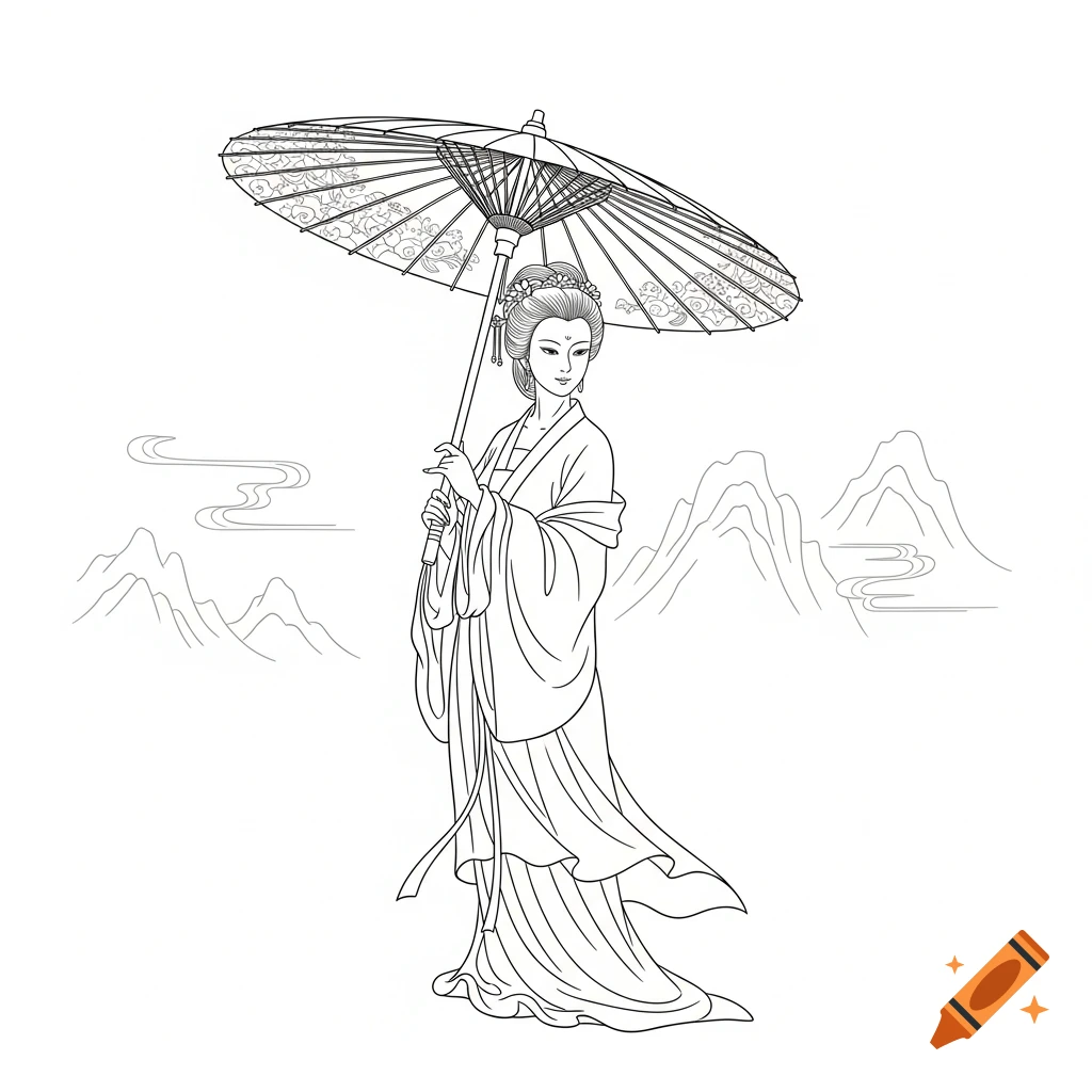 Line art illustration of a woman in traditional Chinese attire holding a parasol, with mountains and clouds in the background.