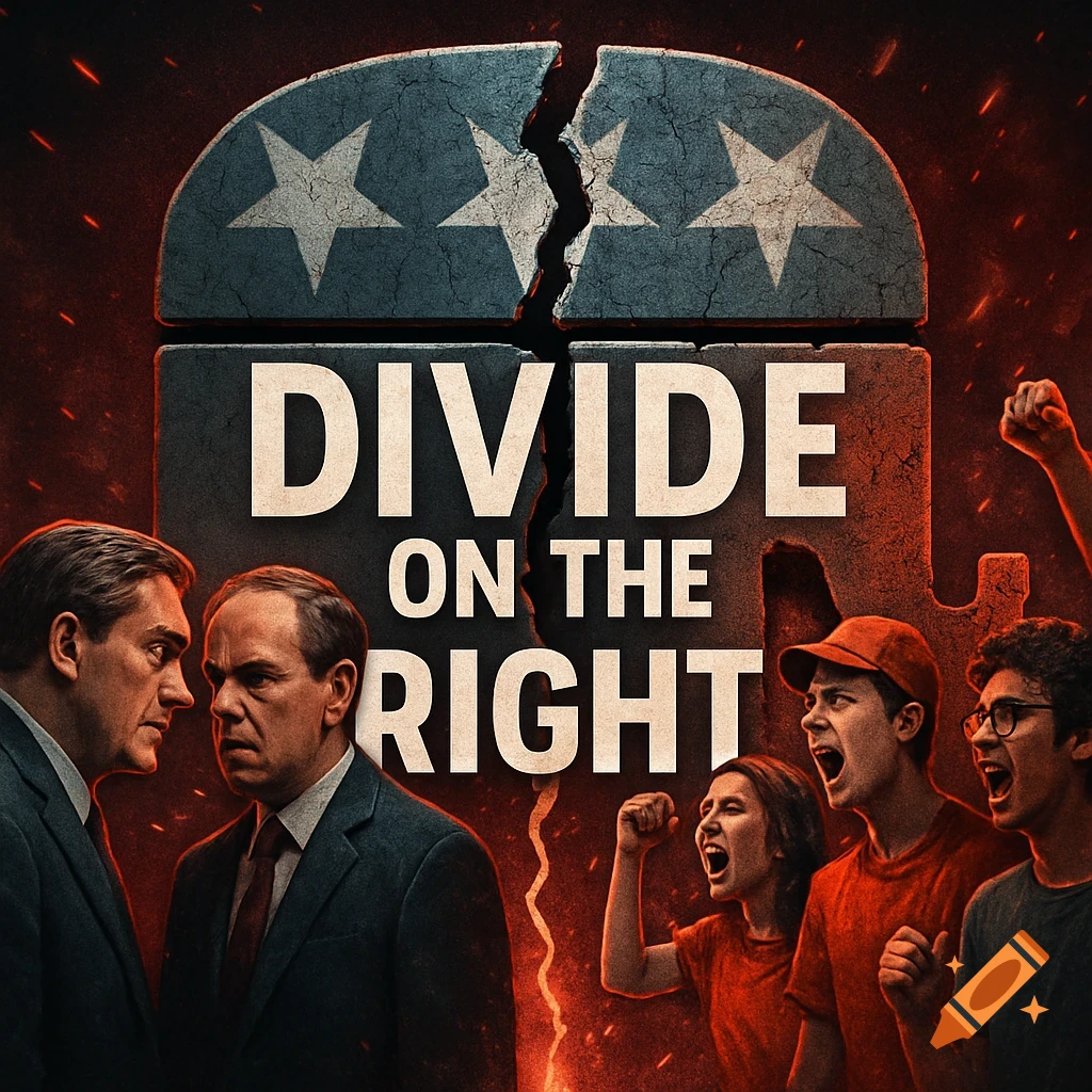 A cracked political symbol above 'DIVIDE ON THE RIGHT' text, with two men in suits facing off and a group of shouting protesters.