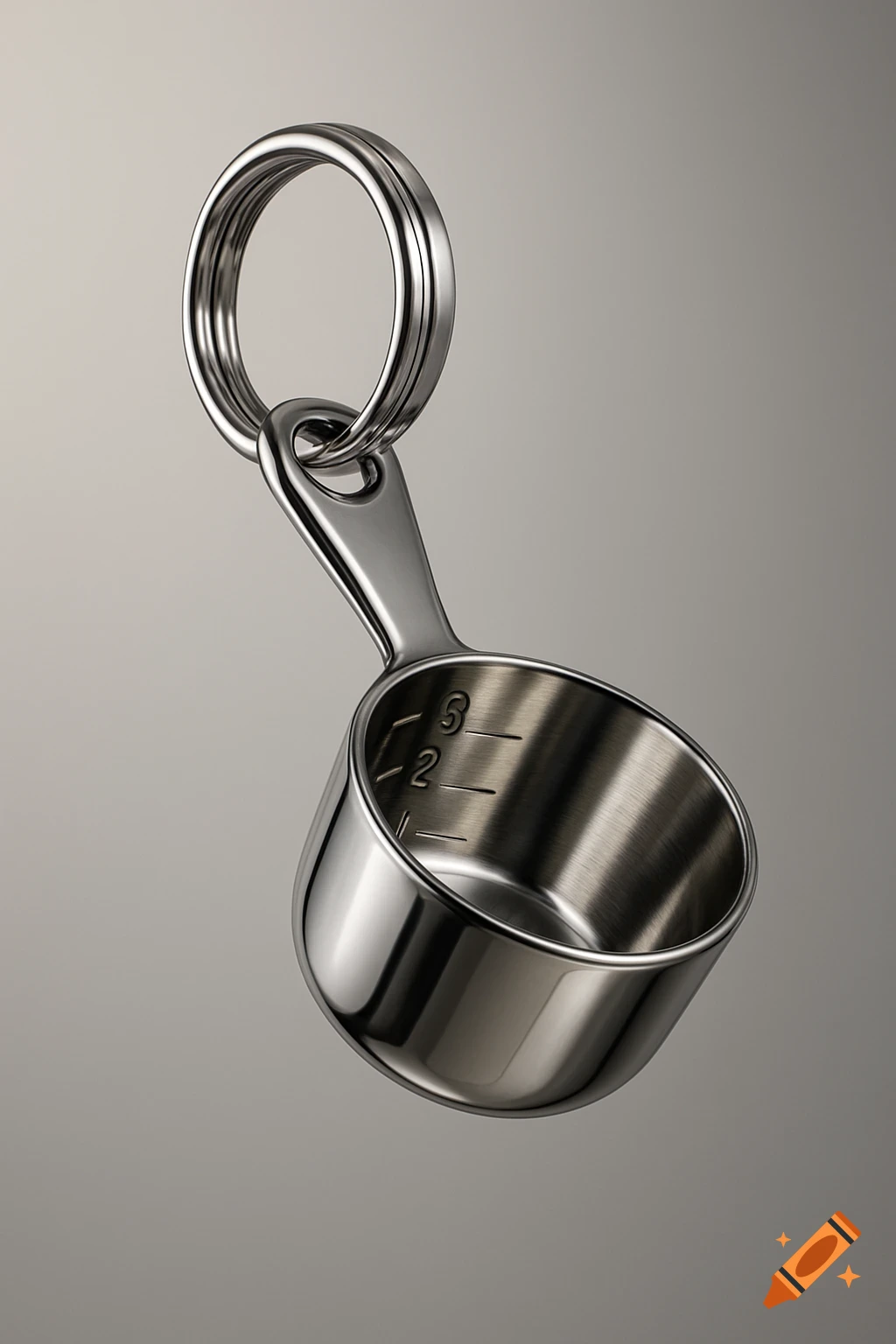 An ultra-realistic product render of a premium stainless-steel measuring scoop keychain, featuring engraved numbers and a reflective shine, floating on a clean neutral background.