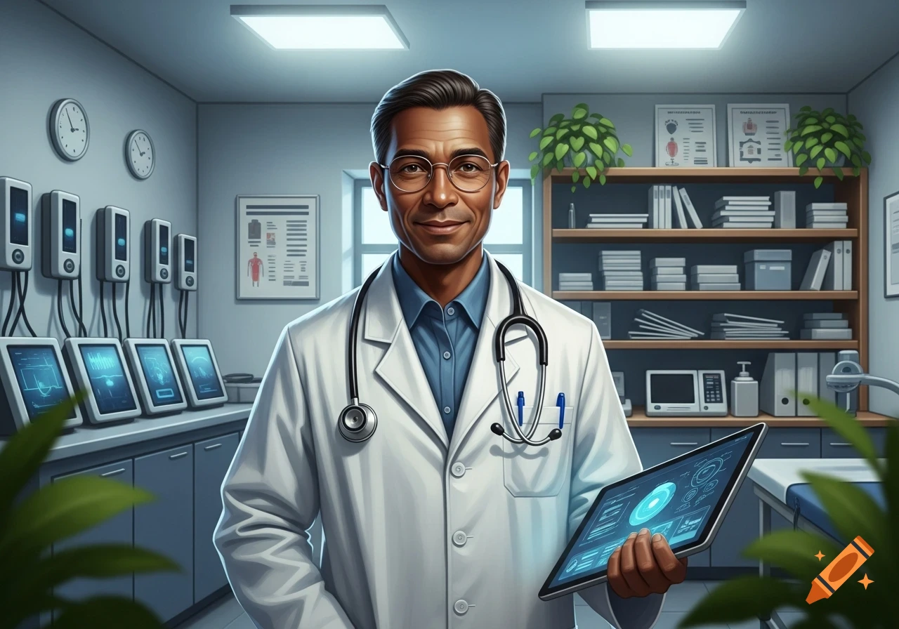 A smiling male doctor in a white lab coat and glasses, holding a tablet with a futuristic interface in a medical office. Photorealistic style.