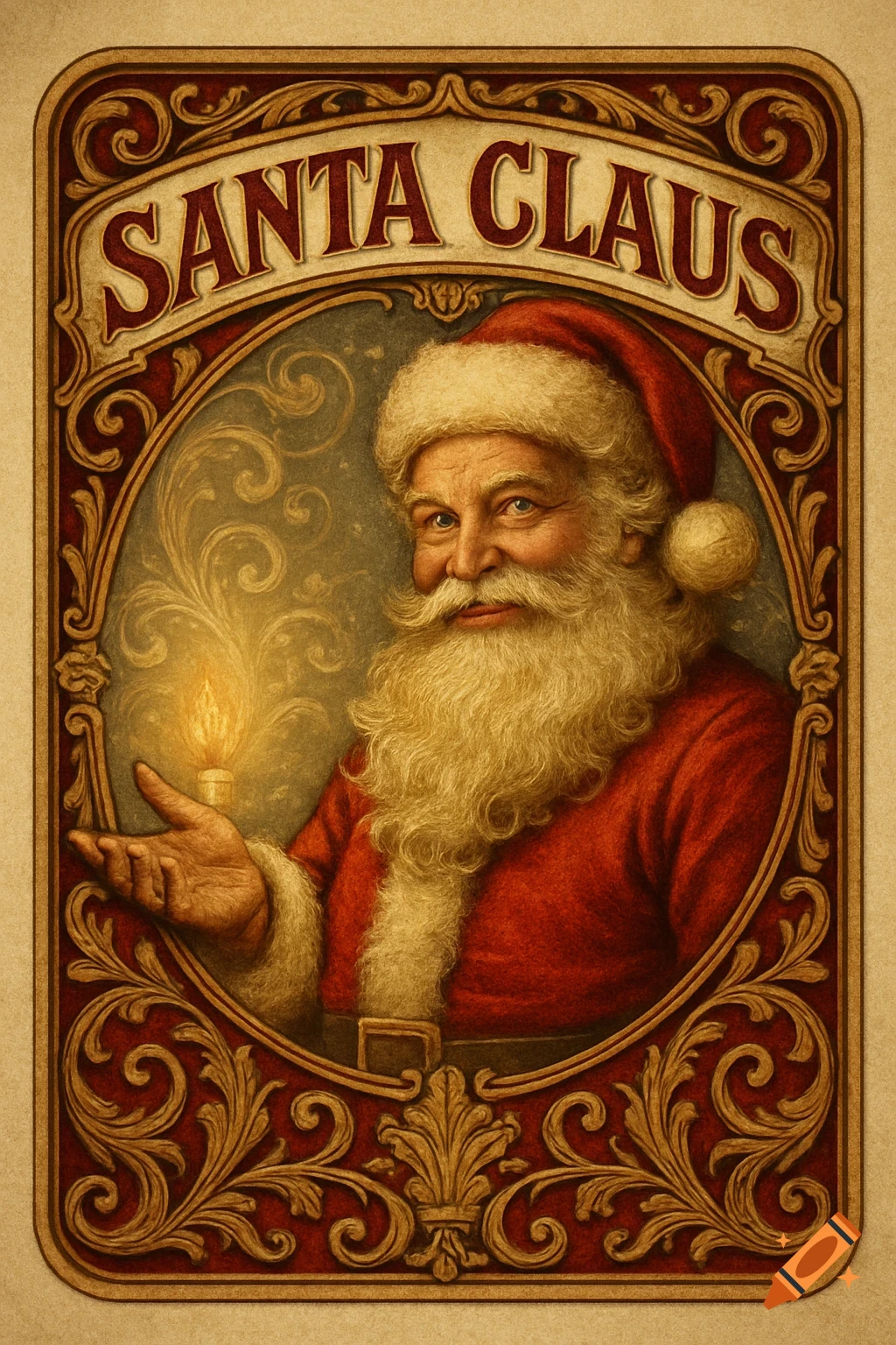 Vintage illustration of Santa Claus smiling in an ornate label, holding a glowing light in his outstretched hand.