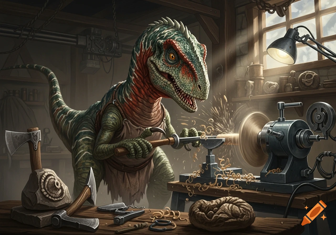 A detailed fantasy art image of a raptor dinosaur in an apron operating a wood lathe, crafting a piece in a busy workshop.