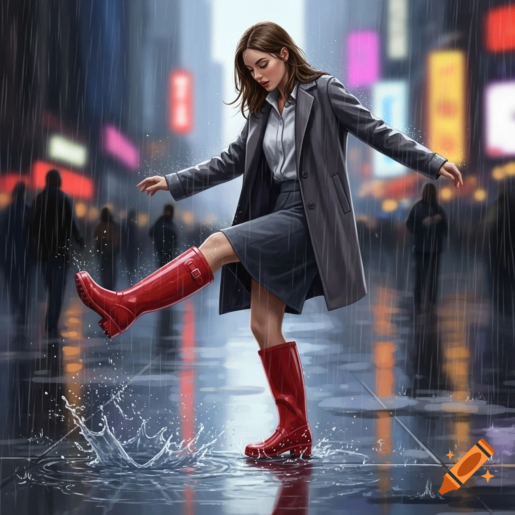 A woman in a grey coat and red rubber boots splashes water in a city street during rain.