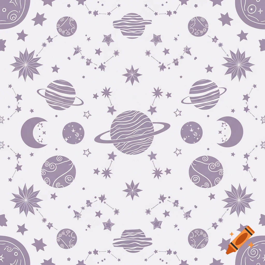 Seamless pattern of illustrated purple planets, stars, and crescent moons on a light background.