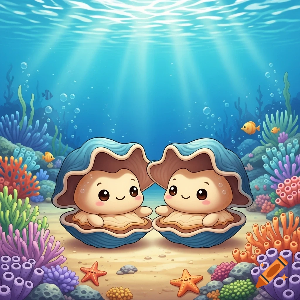 Two cute smiling cartoon clams in an underwater scene with colorful coral, starfish, and fish, with sunrays shining down.