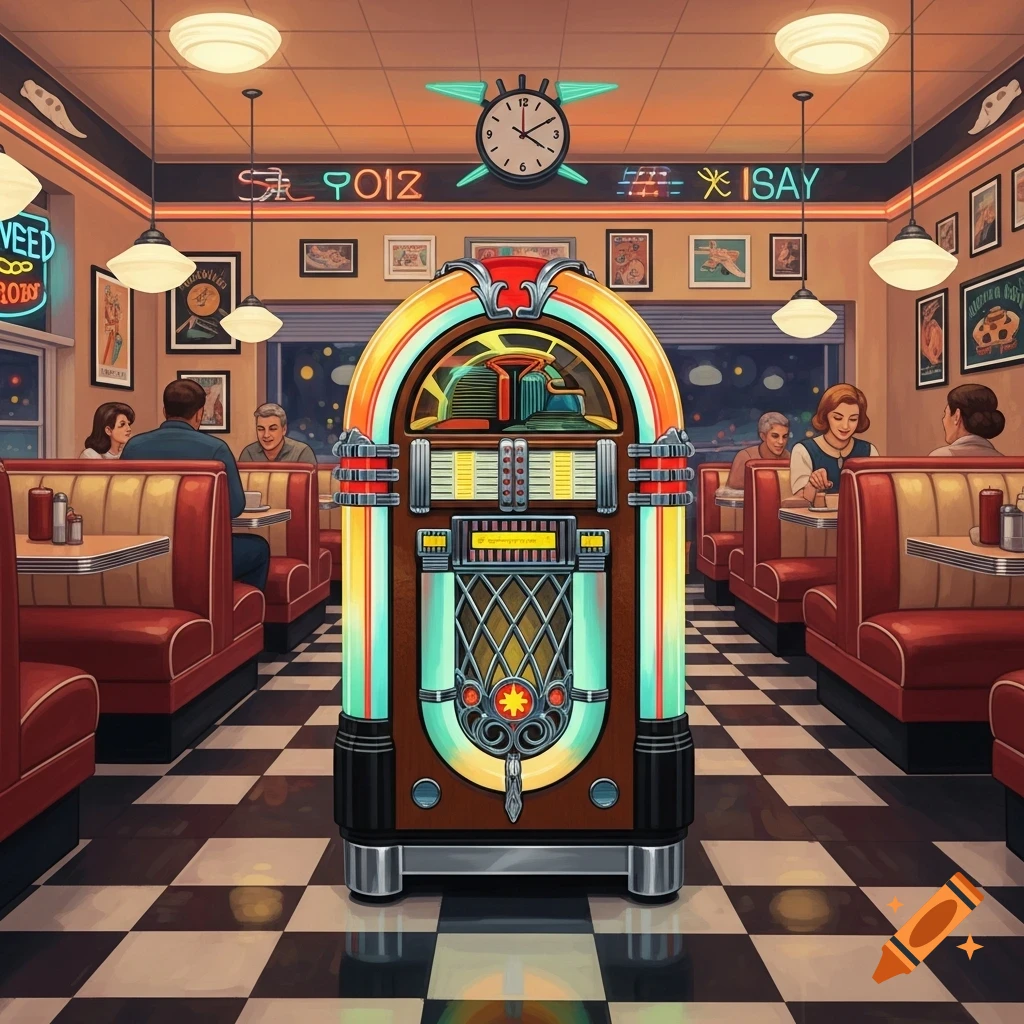 A vibrant 50s-style diner with a colorful jukebox as the centerpiece, red booths, checkered floor, and patrons dining.
