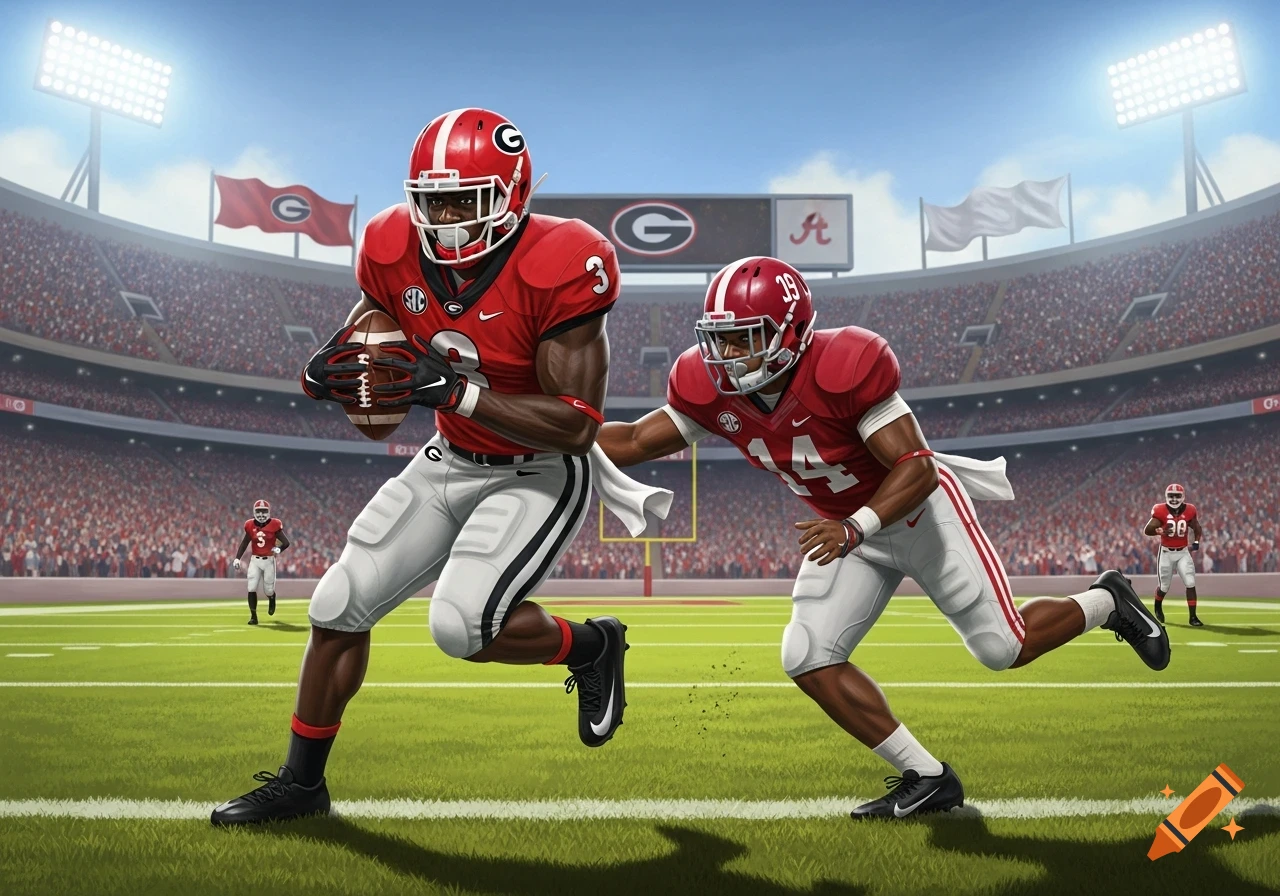 Two American football players in red uniforms on a stadium field. One player carries the ball while the other pursues him.