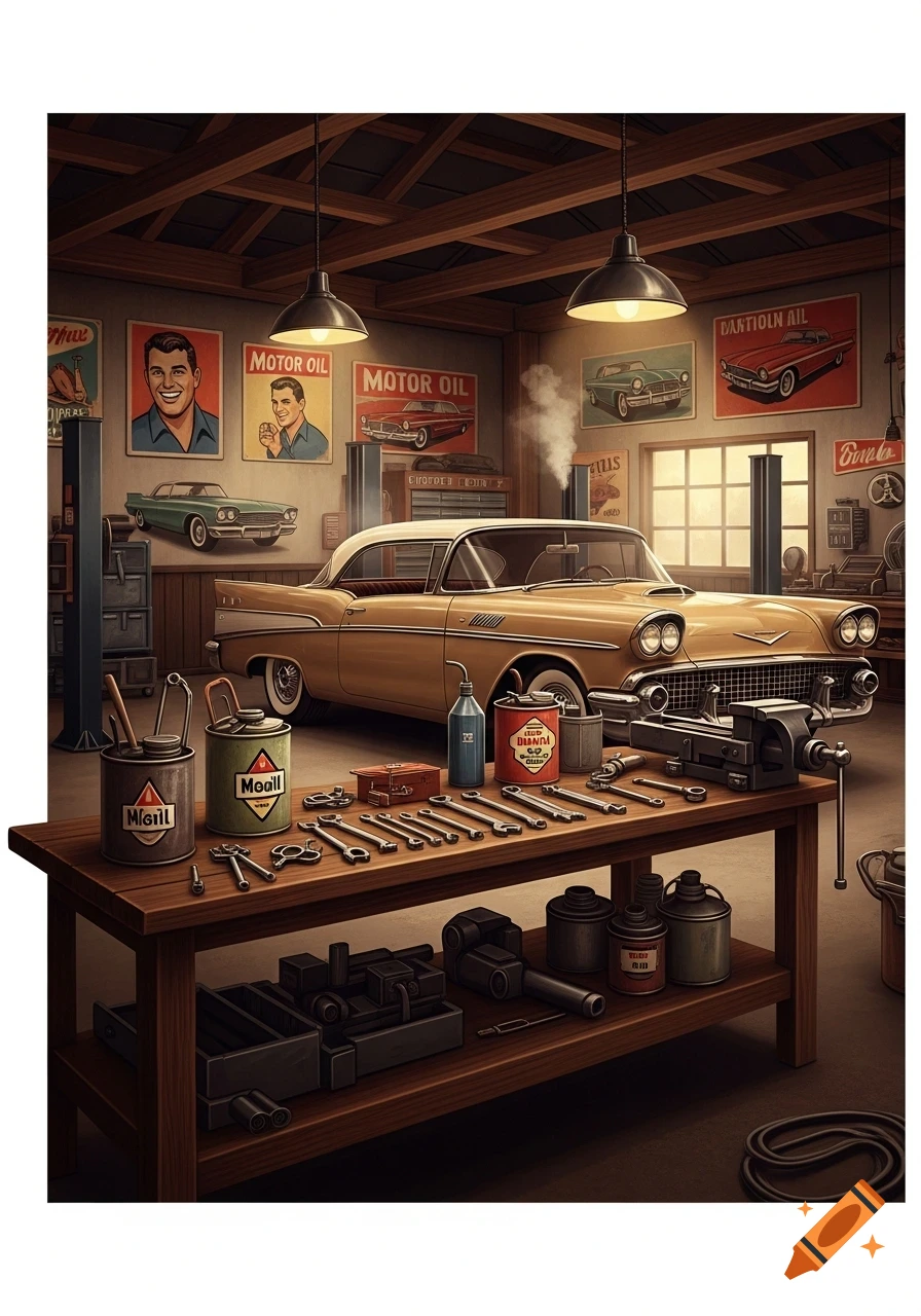 A vintage golden car sits in a retro garage with tools on a wooden workbench and old-fashioned advertising posters on the walls.