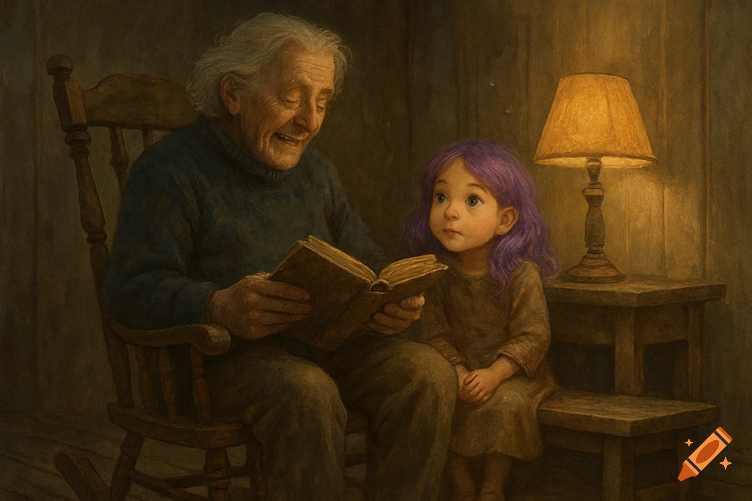 A painting of a smiling old man reading a tattered book to a young girl with purple hair, illuminated by a lamp.
