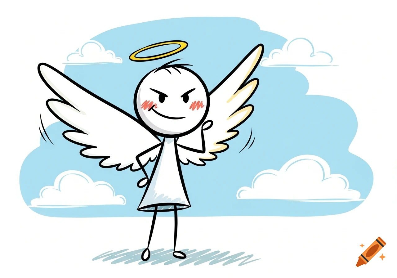 A mischievous stick figure angel with a halo and white wings, blushing, against a light blue sky with white clouds.