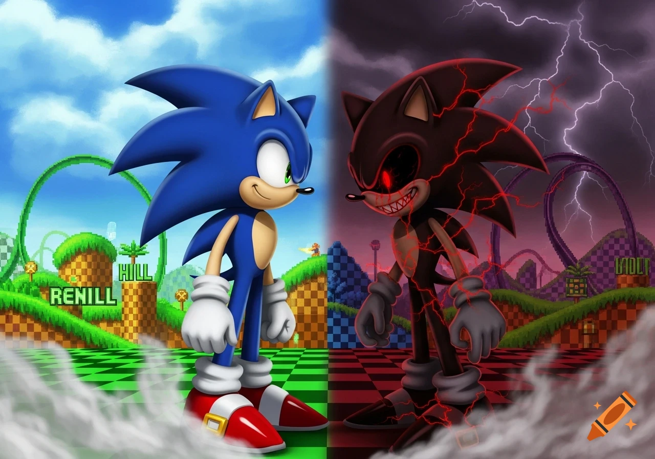 Classic blue Sonic and evil red-eyed Sonic.exe stand facing each other on a split background, half vibrant Green Hill Zone and half dark, stormy, corrupted landscape.