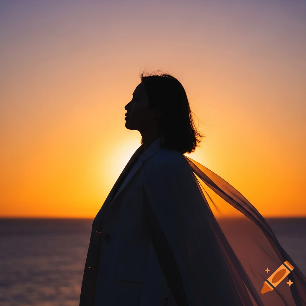 Silhouette of a person with flowing fabric against a vibrant orange and purple sunset over the ocean.