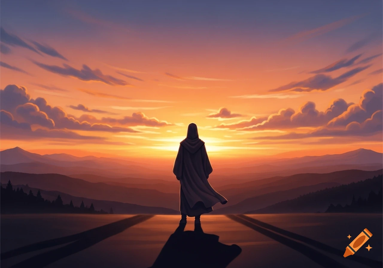 A hooded figure stands on a path, silhouetted against a dramatic orange and purple sunset over a mountain range.