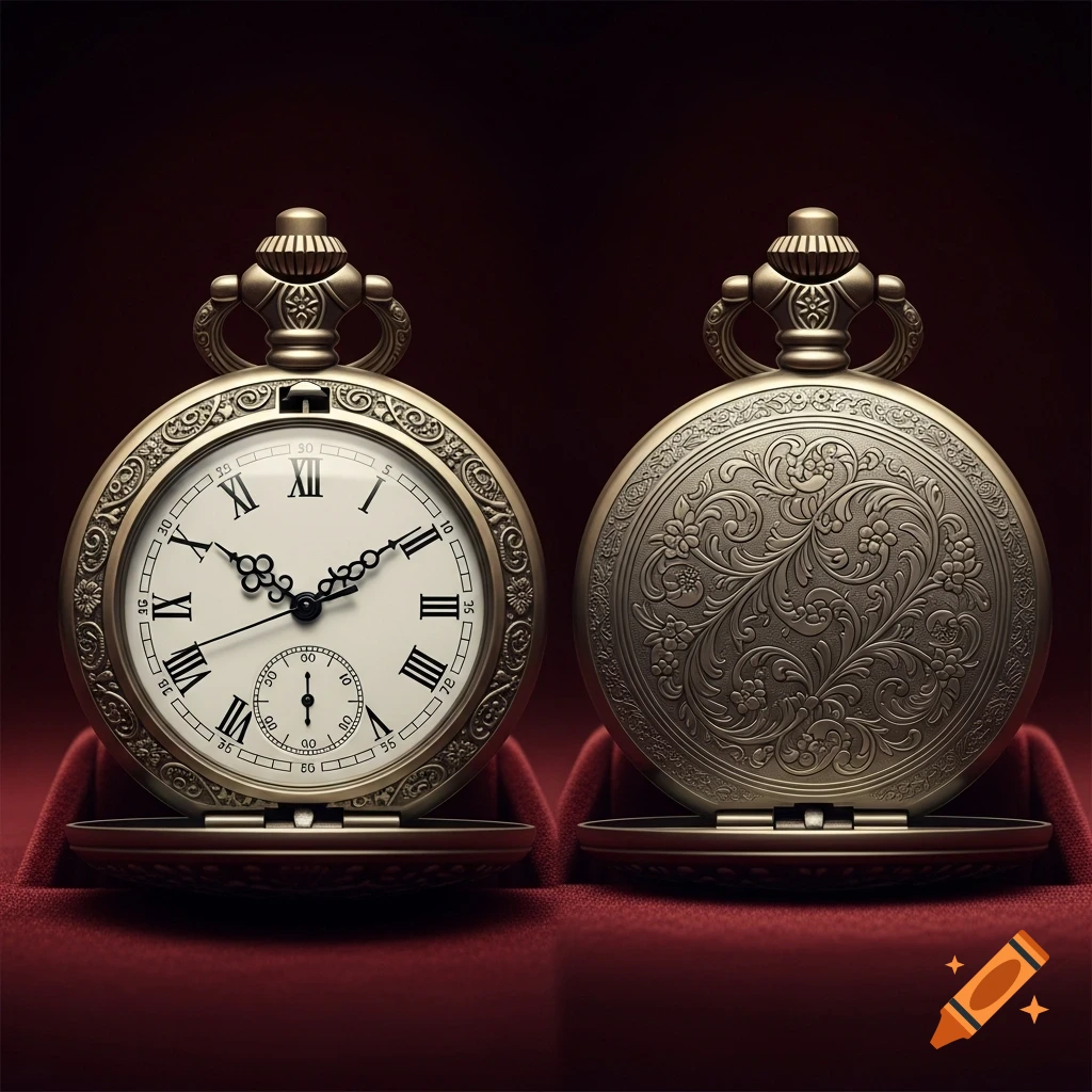 Two ornate gold pocket watches displayed on a red velvet surface. One shows the dial with Roman numerals, the other shows a floral etched back.