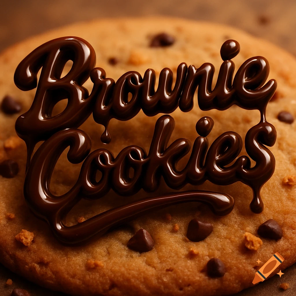 A close-up of a chocolate chip cookie with 'Brownie Cookies' written in glossy, dripping chocolate.